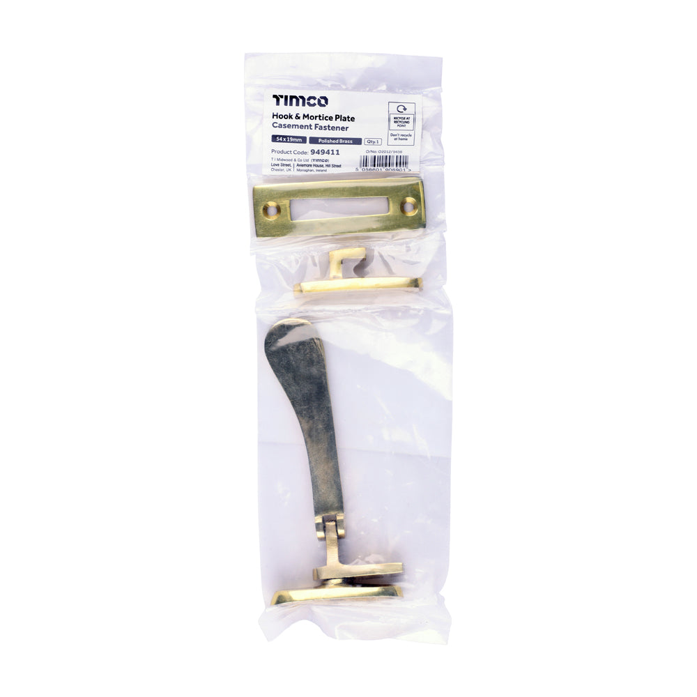 This is an image of Timco - Hook & Mortice Plate Casement Fastener - Polished Brass 54 x 19 (1 Each Bag) 949411