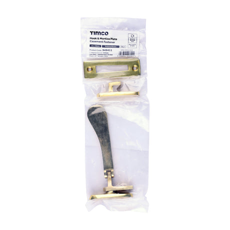 This is an image of Timco - Hook & Mortice Plate Casement Fastener - Polished Brass 54 x 19 (1 Each Bag) 949411