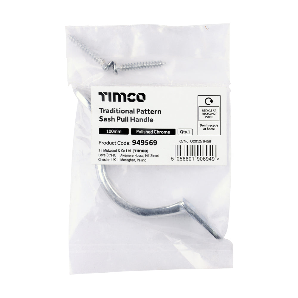 This is an image of Timco - Traditional Pattern Sash Pull Handle - Polished Chrome 100mm (1 Each Bag) 949569