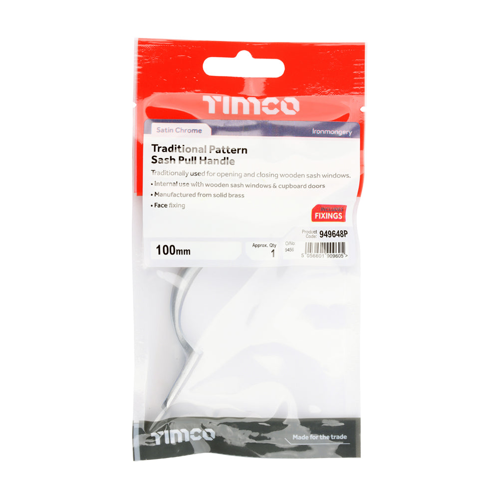 This is an image of Timco - Traditional Pattern Sash Pull Handle - Satin Chrome 100mm (1 Each TIMpac) 949648P