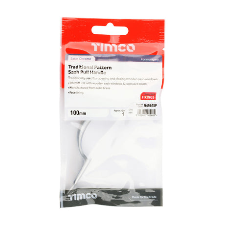 This is an image of Timco - Traditional Pattern Sash Pull Handle - Satin Chrome 100mm (1 Each TIMpac) 949648P