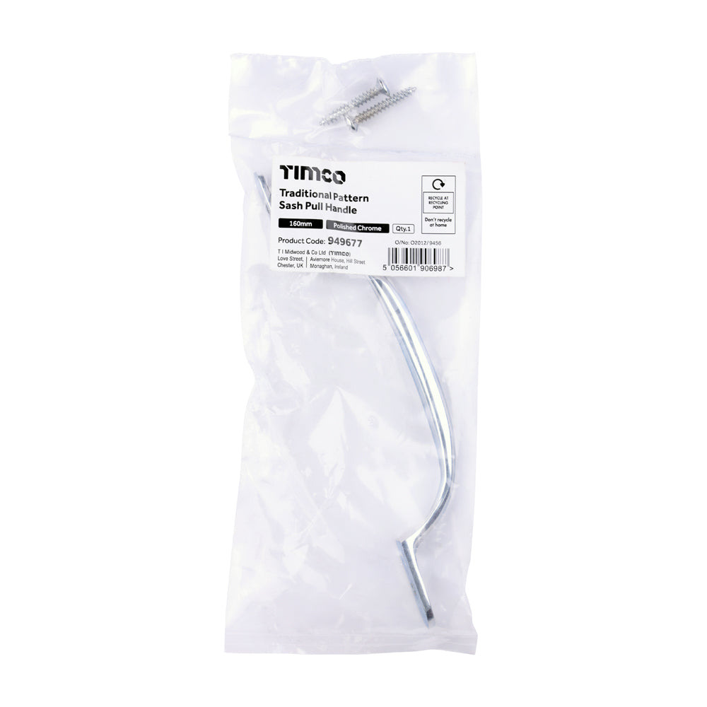 This is an image of Timco - Traditional Pattern Sash Pull Handle - Polished Chrome 160mm (1 Each Bag) 949677