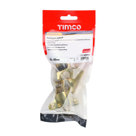 This is an image of Timco - Fanlight Catch - Polished Brass 50 x 60 (1 Each TIMpac) 949699P