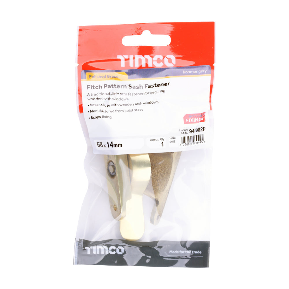 This is an image of Timco - Fitch Pattern Sash Fastener - Polished Brass 68 x 14 (1 Each TIMpac) 949982P