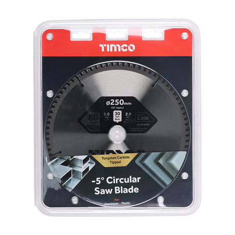 This is an image of Timco - -5Ãƒâ€šÃ‚Â° Circular Saw Blade 250 x 30 x 80T (1 Each Clamshell) A2503080
