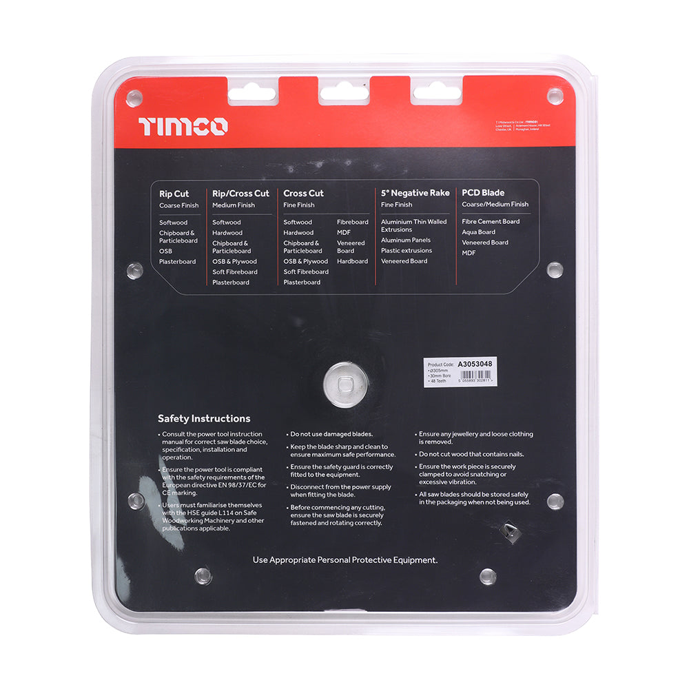 This is an image of Timco - -5Ãƒâ€šÃ‚Â° Circular Saw Blade 305 x 30 x 48T (1 Each Clamshell) A3053048