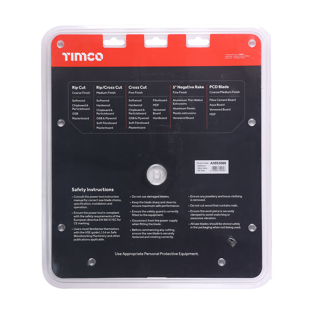 This is an image of Timco - -5Ãƒâ€šÃ‚Â° Circular Saw Blade 305 x 30 x 60T (1 Each Clamshell) A3053060