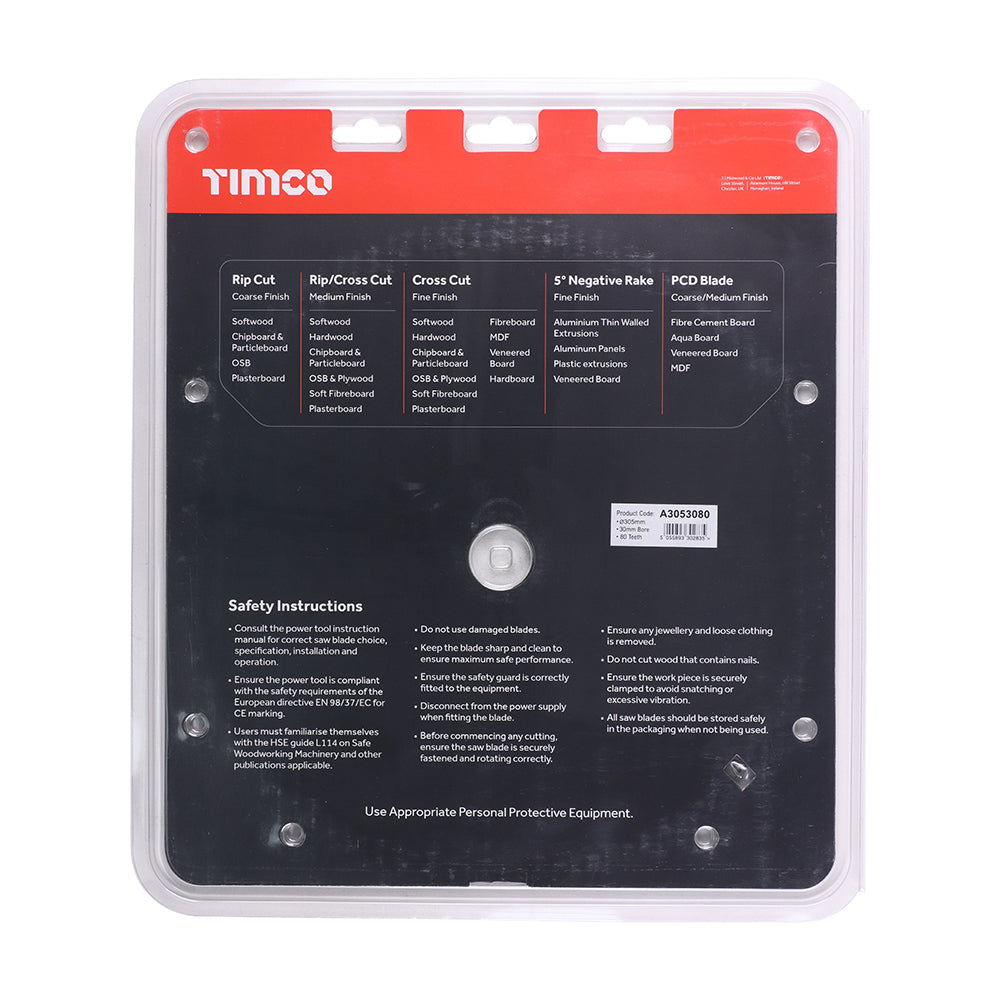 This is an image of Timco - -5Ãƒâ€šÃ‚Â° Circular Saw Blade 305 x 30 x 80T (1 Each Clamshell) A3053080