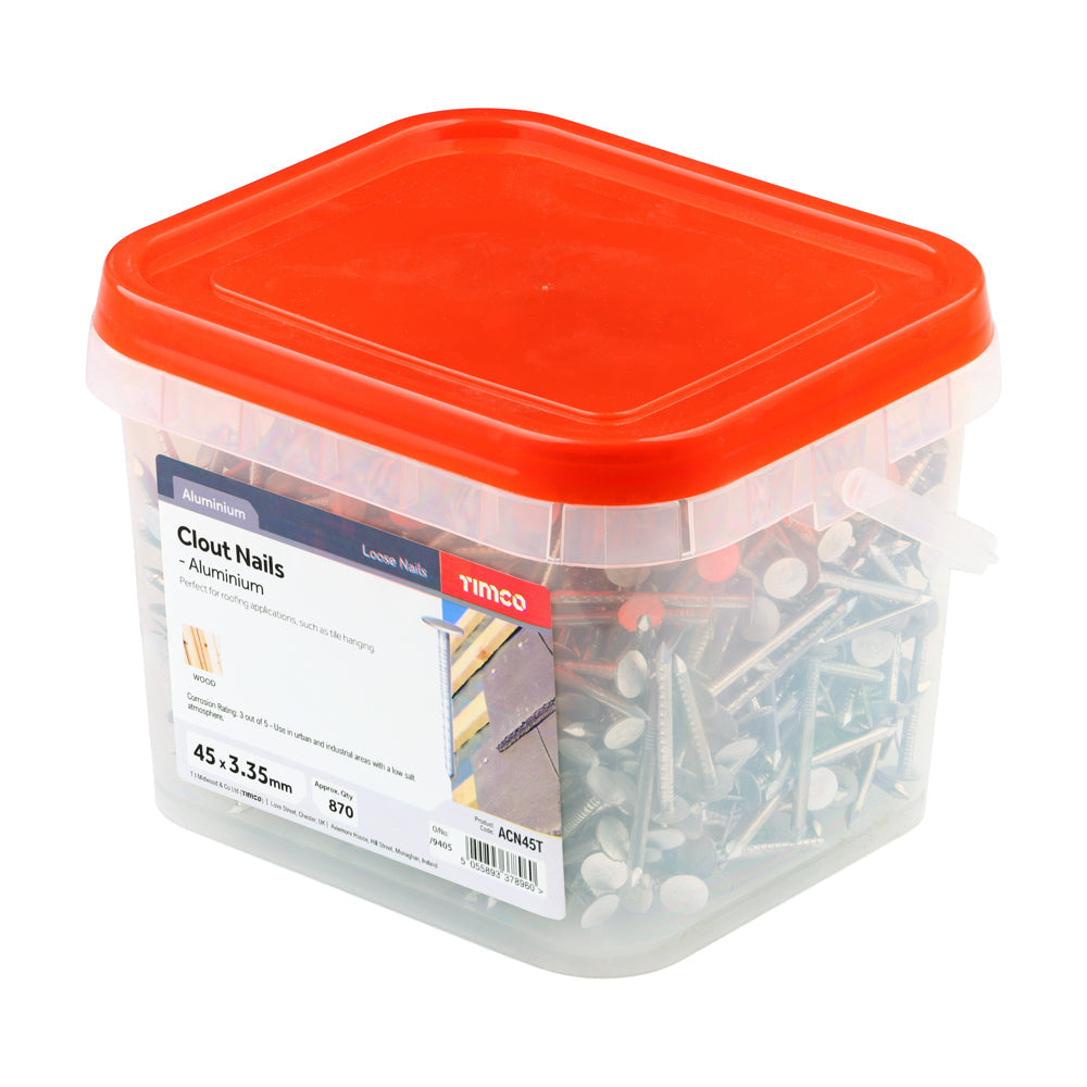 This is an image of Timco - Clout Nails - Aluminium 45 x 3.35mm (1 Kg TIMtub) ACN45T