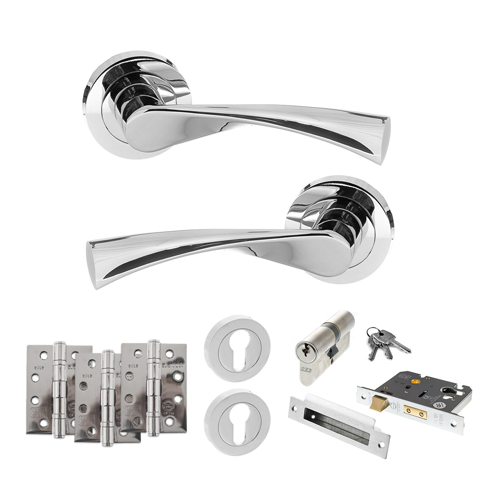 Quality image of STATUS Colorado Door Handle Pack (Euro Lock Set - 3" CE Sashlock, 4" Fire Rated Hinges x3) - Polished Chrome | Sku. adps34rpc23 | available from Trade Door Handles.