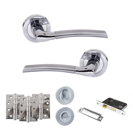Quality image of Eco Swell Door Handle Pack (Bathroom Set - 2.5" CE Bathroom Lock, 4" Fire Rated Hinges x3) - Satin Chrome/Polished Chrome | Sku. adpeco10scpc10 | available from Trade Door Handles.