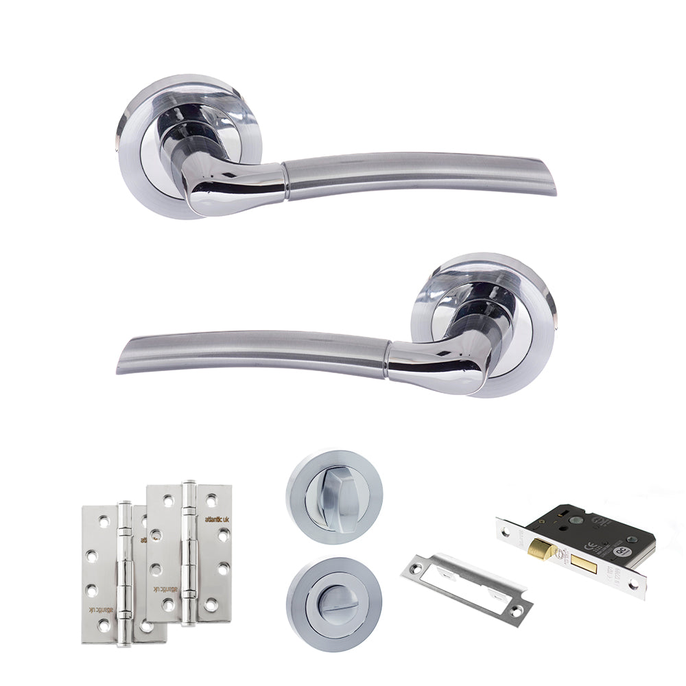 Quality image of Eco Swell Door Handle Pack (Bathroom Set - 2.5" CE Bathroom Lock, 4" Slim Knuckle Hinges x2) - Satin Chrome/Polished Chrome | Sku. adpeco10scpc12 | available from Trade Door Handles.