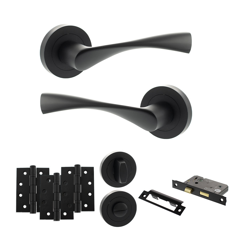 Quality image of Eco Aqua Door Handle Pack (Bathroom Set - 2.5" CE Bathroom Lock, 4" Fire Rated Hinges x3) - Matt Black | Sku. adpeco20mb10 | available from Trade Door Handles.