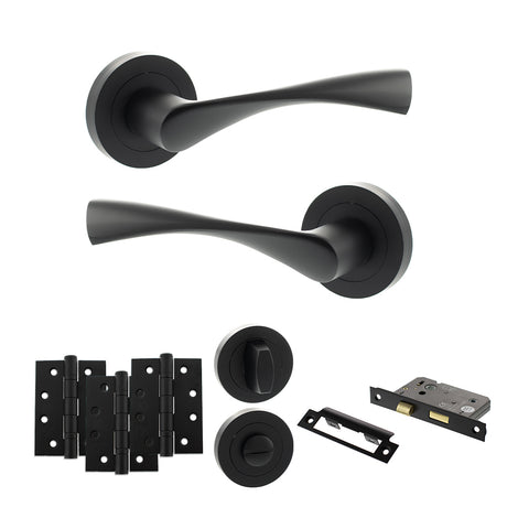 Quality image of Eco Aqua Door Handle Pack (Bathroom Set - 3" CE Bathroom Lock, 4" Fire Rated Hinges x3) - Matt Black | Sku. adpeco20mb11 | available from Trade Door Handles.