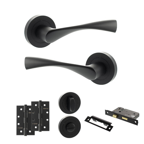 Quality image of Eco Aqua Door Handle Pack (Bathroom Set - 2.5" CE Bathroom Lock, 4" Slim Knuckle Hinges x2) - Matt Black | Sku. adpeco20mb12 | available from Trade Door Handles.