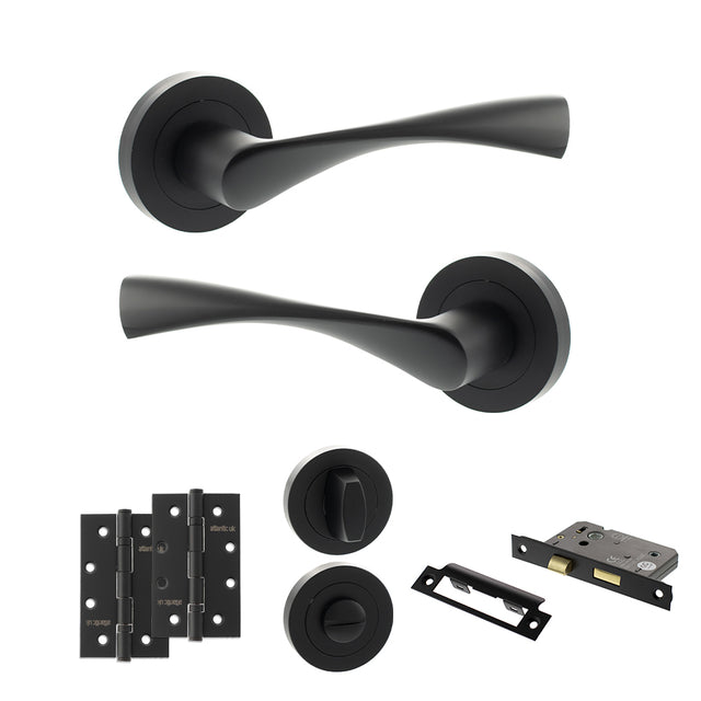 Quality image of Eco Aqua Door Handle Pack (Bathroom Set - 3" CE Bathroom Lock, 4" Slim Knuckle Hinges x2) - Matt Black | Sku. adpeco20mb13 | available from Trade Door Handles.
