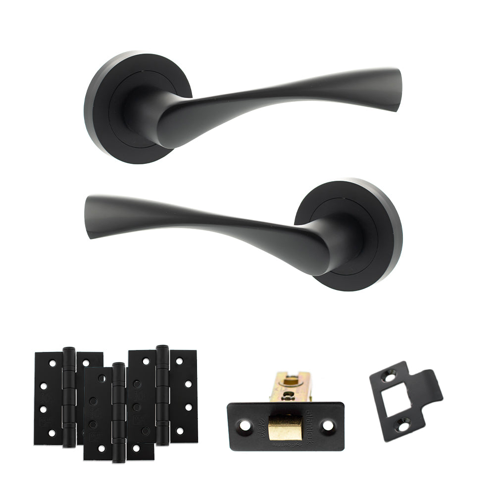 Quality image of Eco Aqua Door Handle Pack (Latch Set - 2.5" CE Latch, 4" Fire Rated Hinges x3) - Matt Black | Sku. adpeco20mb3 | available from Trade Door Handles.