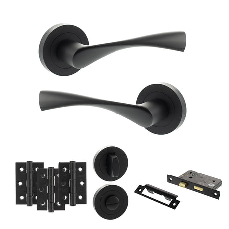 Quality image of Eco Aqua Door Handle Pack (Bathroom Set - 2.5" CE Bathroom Lock, 3" Fire Rated Hinges x3) - Matt Black | Sku. adpeco20mb8 | available from Trade Door Handles.
