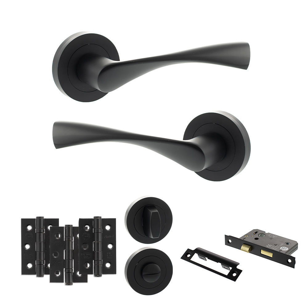 Quality image of Eco Aqua Door Handle Pack (Bathroom Set - 3" CE Bathroom Lock, 3" Fire Rated Hinges x3) - Matt Black | Sku. adpeco20mb9 | available from Trade Door Handles.