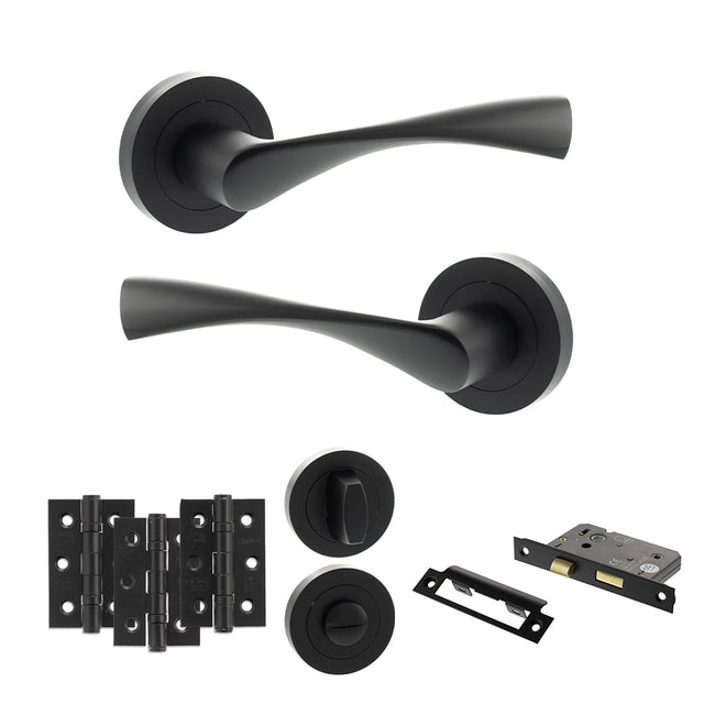 Quality image of Eco Aqua Door Handle Pack (Bathroom Set - 3" CE Bathroom Lock, 3" Fire Rated Hinges x3) - Matt Black | Sku. adpeco20mb9 | available from Trade Door Handles.