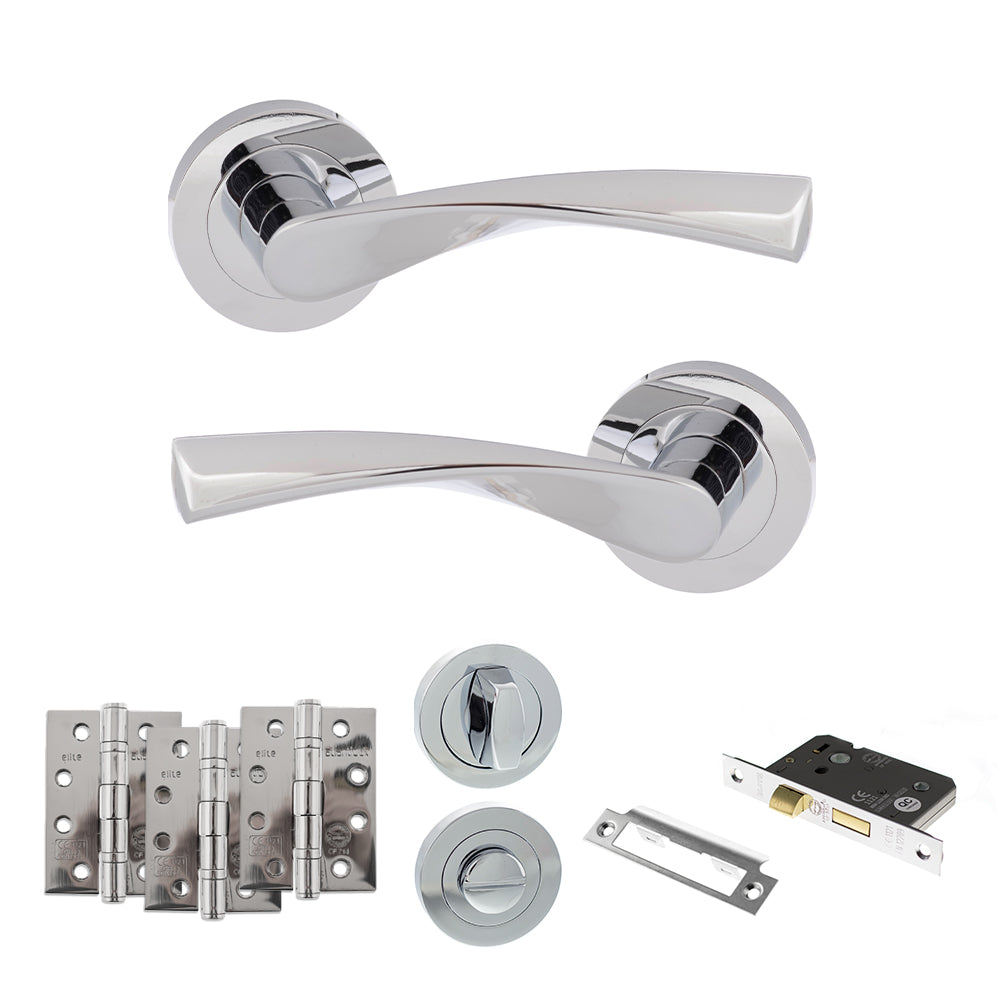 Quality image of Eco Aqua Door Handle Pack (Bathroom Set - 2.5" CE Bathroom Lock, 4" Fire Rated Hinges x3) - Polished Chrome | Sku. adpeco20pc10 | available from Trade Door Handles.