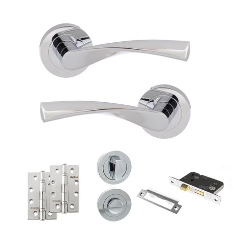 Quality image of Eco Aqua Door Handle Pack (Bathroom Set - 3" CE Bathroom Lock, 4" Slim Knuckle Hinges x2) - Polished Chrome | Sku. adpeco20pc13 | available from Trade Door Handles.