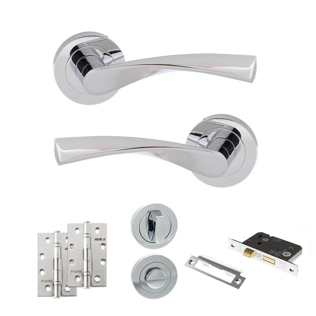Quality image of Eco Aqua Door Handle Pack (Bathroom Set - 3" CE Bathroom Lock, 4" Slim Knuckle Hinges x2) - Polished Chrome | Sku. adpeco20pc13 | available from Trade Door Handles.