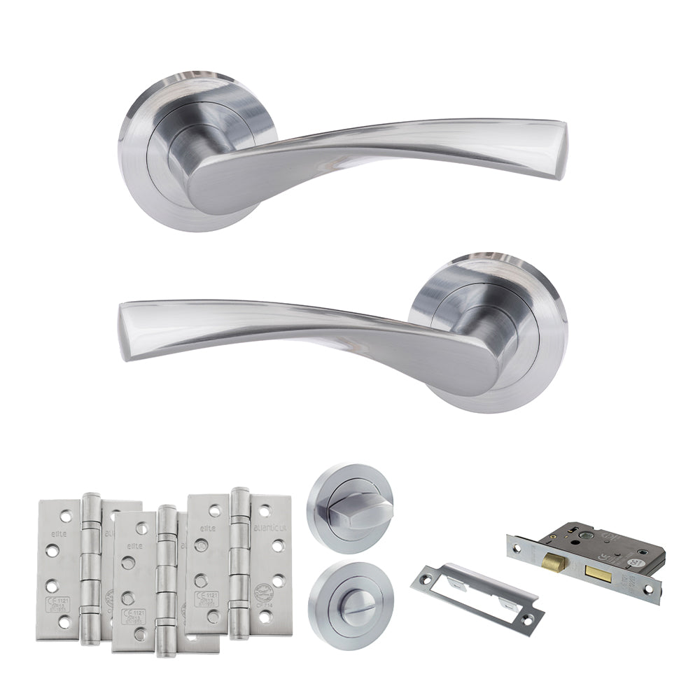 Quality image of Eco Aqua Door Handle Pack (Bathroom Set - 3" CE Bathroom Lock, 4" Fire Rated Hinges x3) - Satin Chrome | Sku. adpeco20sc11 | available from Trade Door Handles.