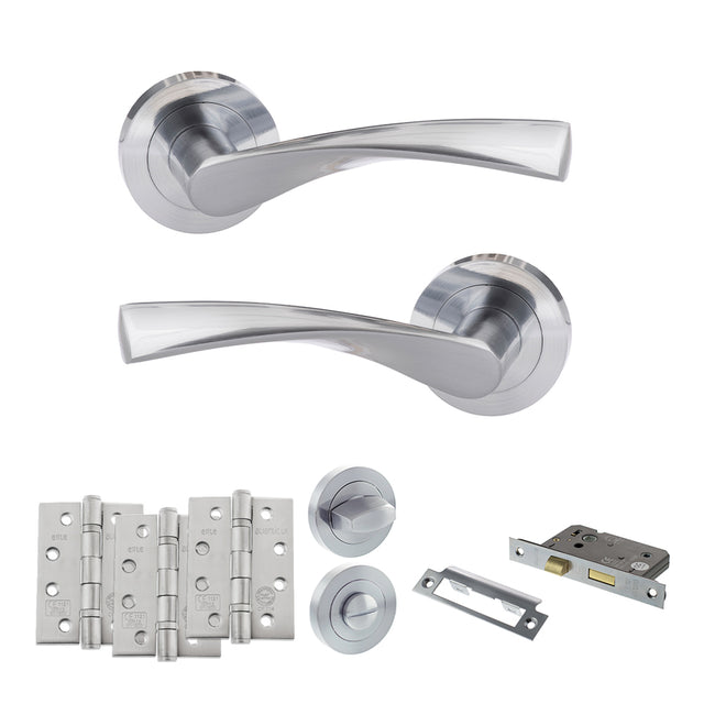 Quality image of Eco Aqua Door Handle Pack (Bathroom Set - 3" CE Bathroom Lock, 4" Fire Rated Hinges x3) - Satin Chrome | Sku. adpeco20sc11 | available from Trade Door Handles.