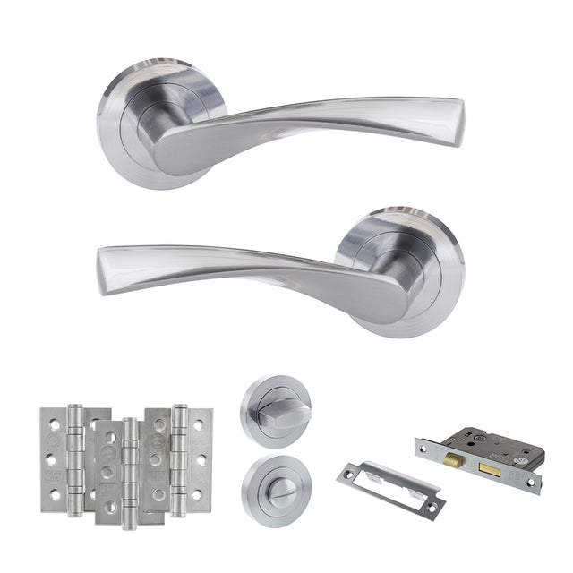 Quality image of Eco Aqua Door Handle Pack (Bathroom Set - 3" CE Bathroom Lock, 3" Fire Rated Hinges x3) - Satin Chrome | Sku. adpeco20sc9 | available from Trade Door Handles.
