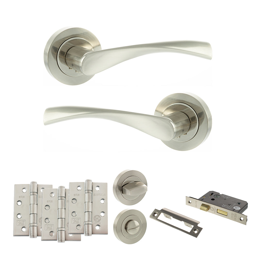 Quality image of Eco Aqua Door Handle Pack (Bathroom Set - 3" CE Bathroom Lock, 4" Fire Rated Hinges x3) - Satin Nickel/Nickel Plate | Sku. adpeco20snnp11 | available from Trade Door Handles.