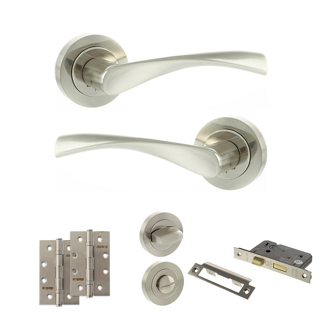 Quality image of Eco Aqua Door Handle Pack (Bathroom Set - 2.5" CE Bathroom Lock, 4" Slim Knuckle Hinges x2) - Satin Nickel/Nickel Plate | Sku. adpeco20snnp12 | available from Trade Door Handles.