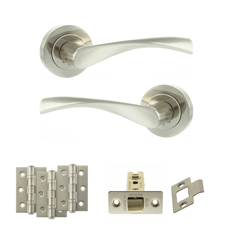 Quality image of Eco Aqua Door Handle Pack (Latch Set - 2.5" CE Latch, 3" Fire Rated Hinges x3) - Satin Nickel/Nickel Plate | Sku. adpeco20snnp1 | available from Trade Door Handles.