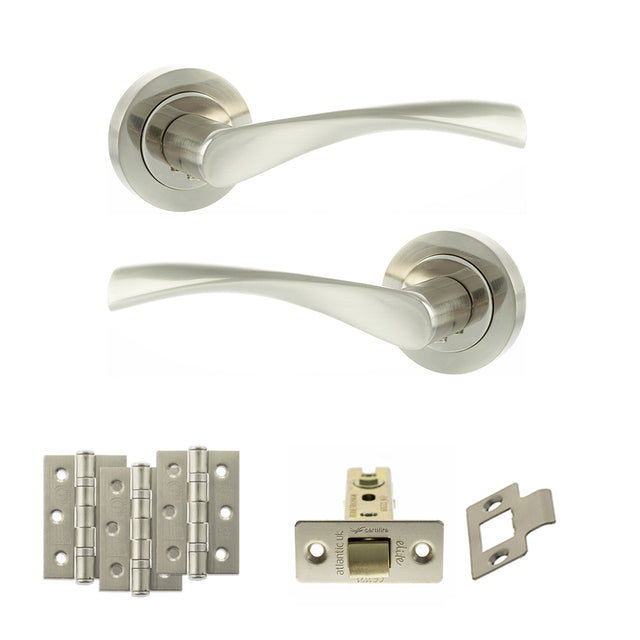 Quality image of Eco Aqua Door Handle Pack (Latch Set - 3" CE Latch, 3" Fire Rated Hinges x3) - Satin Nickel/Nickel Plate | Sku. adpeco20snnp2 | available from Trade Door Handles.