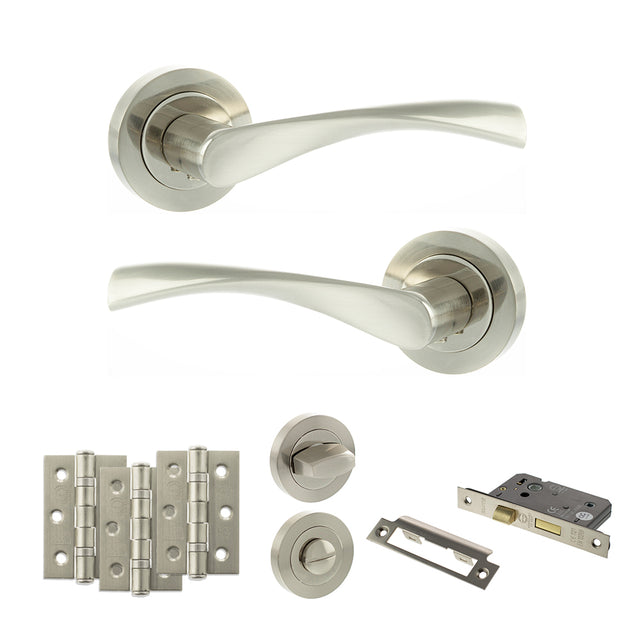 Quality image of Eco Aqua Door Handle Pack (Bathroom Set - 2.5" CE Bathroom Lock, 3" Fire Rated Hinges x3) - Satin Nickel/Nickel Plate | Sku. adpeco20snnp8 | available from Trade Door Handles.
