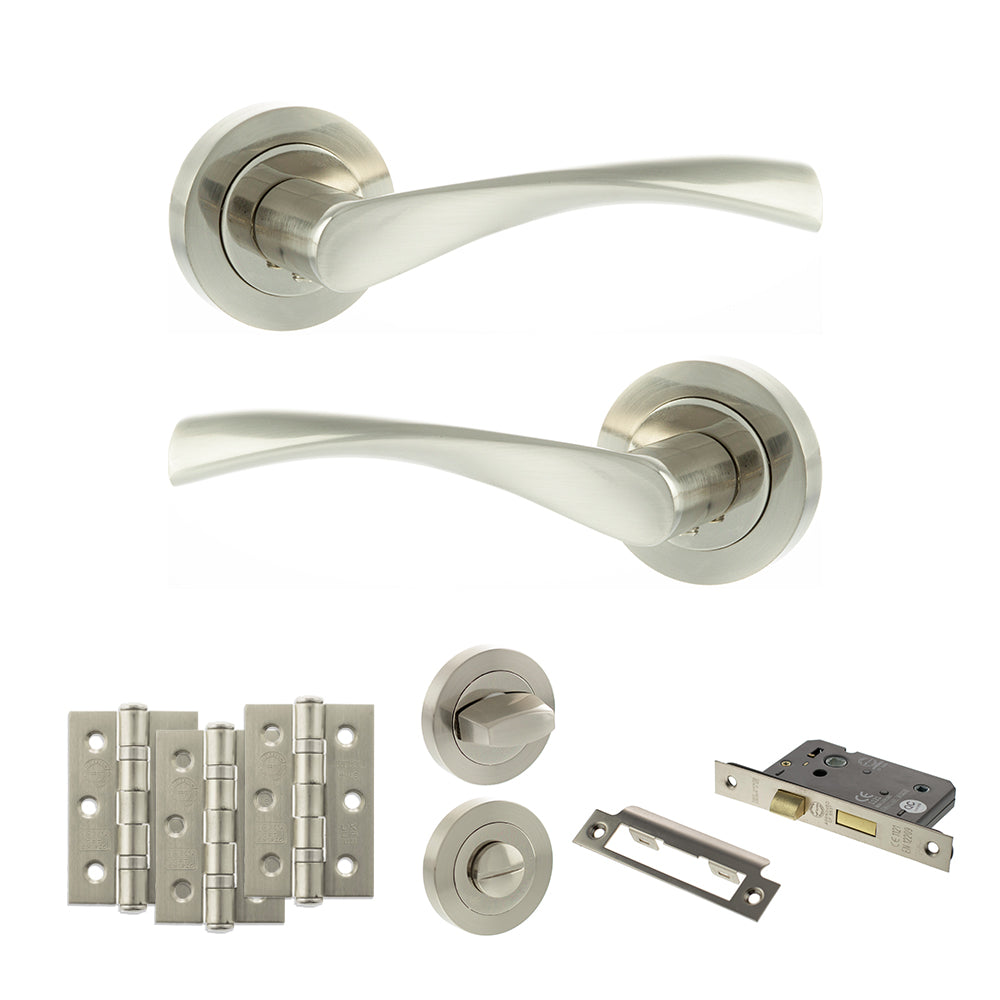 Quality image of Eco Aqua Door Handle Pack (Bathroom Set - 3" CE Bathroom Lock, 3" Fire Rated Hinges x3) - Satin Nickel/Nickel Plate | Sku. adpeco20snnp9 | available from Trade Door Handles.