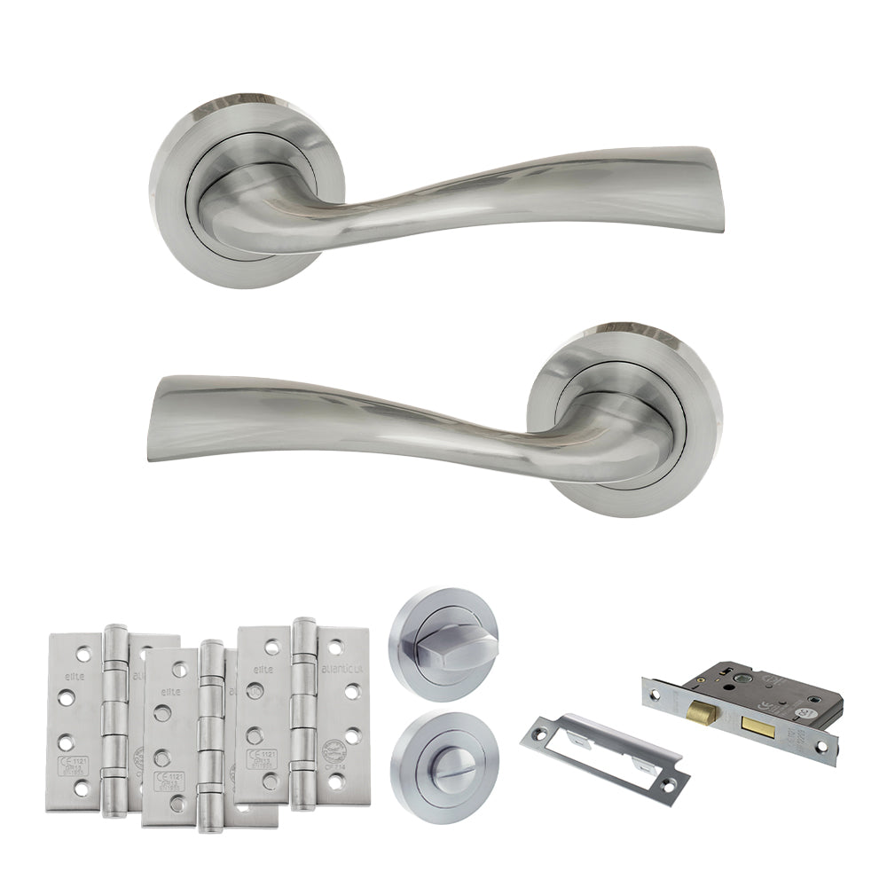 Quality image of Eco Wave Door Handle Pack (Bathroom Set - 2.5" CE Bathroom Lock, 4" Fire Rated Hinges x3) - Satin Chrome | Sku. adpeco30sc10 | available from Trade Door Handles.