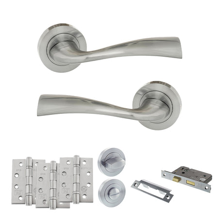 Quality image of Eco Wave Door Handle Pack (Bathroom Set - 2.5" CE Bathroom Lock, 4" Fire Rated Hinges x3) - Satin Chrome | Sku. adpeco30sc10 | available from Trade Door Handles.
