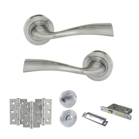 Quality image of Eco Wave Door Handle Pack (Bathroom Set - 2.5" CE Bathroom Lock, 3" Fire Rated Hinges x3) - Polished Chrome | Sku. adpeco30pc8 | available from Trade Door Handles.