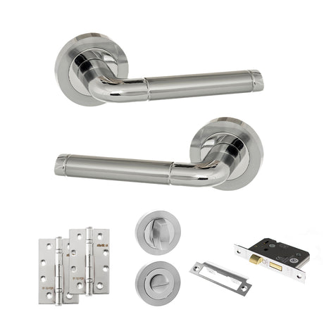 Quality image of Eco Ocean Door Handle Pack (Bathroom Set - 2.5" CE Bathroom Lock, 4" Slim Knuckle Hinges x2) - Satin Chrome/Polished Chrome | Sku. adpeco40scpc12 | available from Trade Door Handles.
