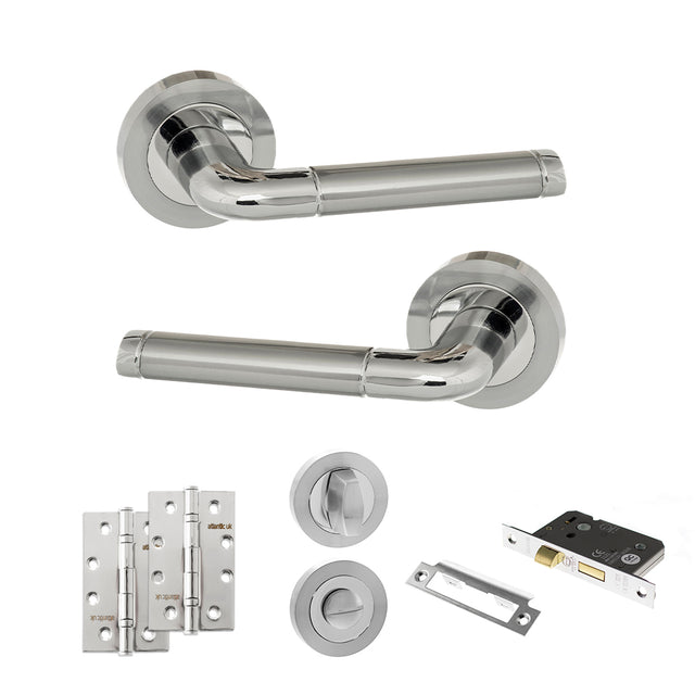 Quality image of Eco Ocean Door Handle Pack (Bathroom Set - 2.5" CE Bathroom Lock, 4" Slim Knuckle Hinges x2) - Satin Chrome/Polished Chrome | Sku. adpeco40scpc12 | available from Trade Door Handles.