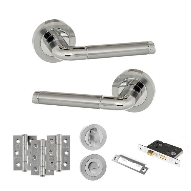 Quality image of Eco Ocean Door Handle Pack (Bathroom Set - 3" CE Bathroom Lock, 3" Fire Rated Hinges x3) - Satin Chrome/Polished Chrome | Sku. adpeco40scpc9 | available from Trade Door Handles.