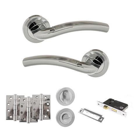 Quality image of Eco Crest Door Handle Pack (Bathroom Set - 2.5" CE Bathroom Lock, 4" Fire Rated Hinges x3) - Satin Chrome/Polished Chrome | Sku. adpeco50scpc10 | available from Trade Door Handles.