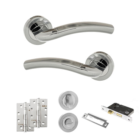 Quality image of Eco Crest Door Handle Pack (Bathroom Set - 2.5" CE Bathroom Lock, 4" Slim Knuckle Hinges x2) - Satin Chrome/Polished Chrome | Sku. adpeco50scpc12 | available from Trade Door Handles.