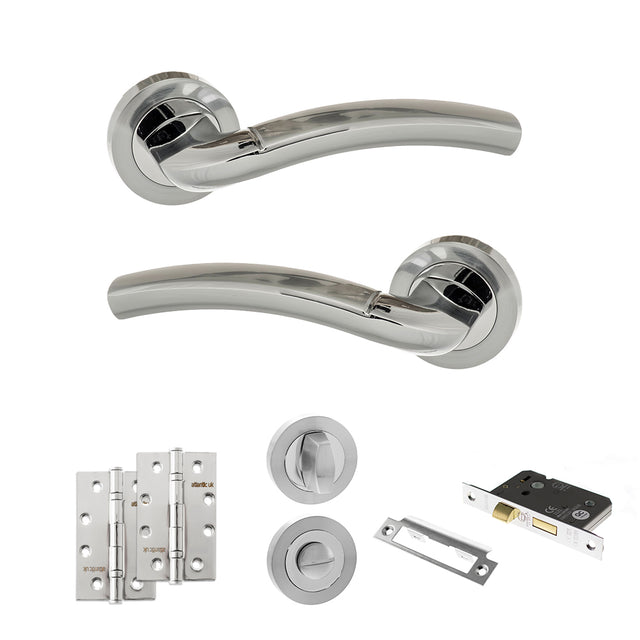 Quality image of Eco Crest Door Handle Pack (Bathroom Set - 3" CE Bathroom Lock, 4" Slim Knuckle Hinges x2) - Satin Chrome/Polished Chrome | Sku. adpeco50scpc13 | available from Trade Door Handles.