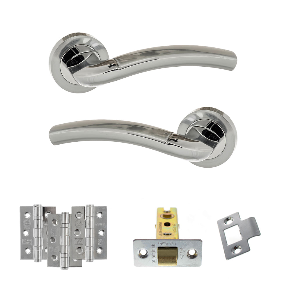Quality image of Eco Crest Door Handle Pack (Latch Set - 2.5" CE Latch, 3" Fire Rated Hinges x3) - Satin Chrome/Polished Chrome | Sku. adpeco50scpc1 | available from Trade Door Handles.