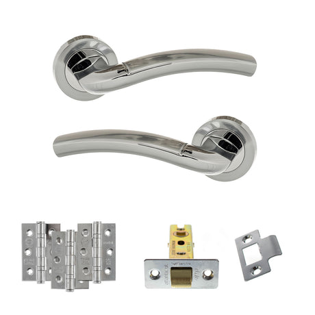 Quality image of Eco Crest Door Handle Pack (Latch Set - 3" CE Latch, 3" Fire Rated Hinges x3) - Satin Chrome/Polished Chrome | Sku. adpeco50scpc2 | available from Trade Door Handles.