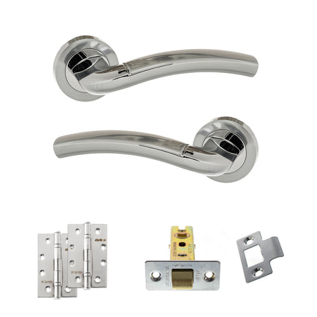 Quality image of Eco Crest Door Handle Pack (Latch Set - 3" CE Latch, 4" Slim Knuckle Hinges x2) - Satin Chrome/Polished Chrome | Sku. adpeco50scpc6 | available from Trade Door Handles.