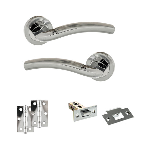 Quality image of Eco Crest Door Handle Pack (Latch Set - 2.5" Latch, 3" Hinges x2) - Satin Chrome/Polished Chrome | Sku. adpeco50scpc7 | available from Trade Door Handles.