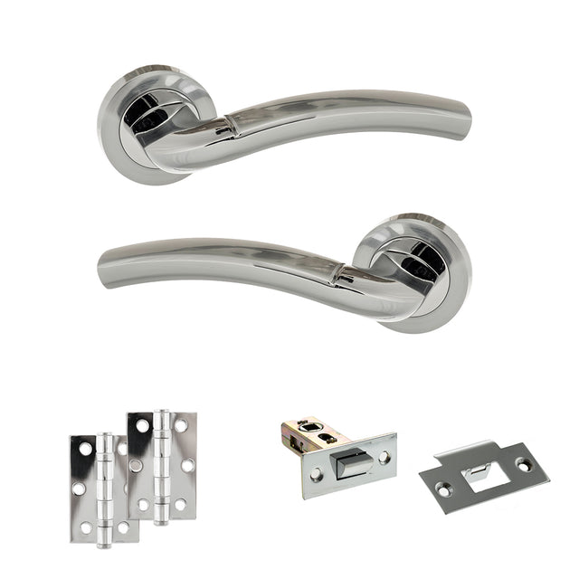 Quality image of Eco Crest Door Handle Pack (Latch Set - 2.5" Latch, 3" Hinges x2) - Satin Chrome/Polished Chrome | Sku. adpeco50scpc7 | available from Trade Door Handles.